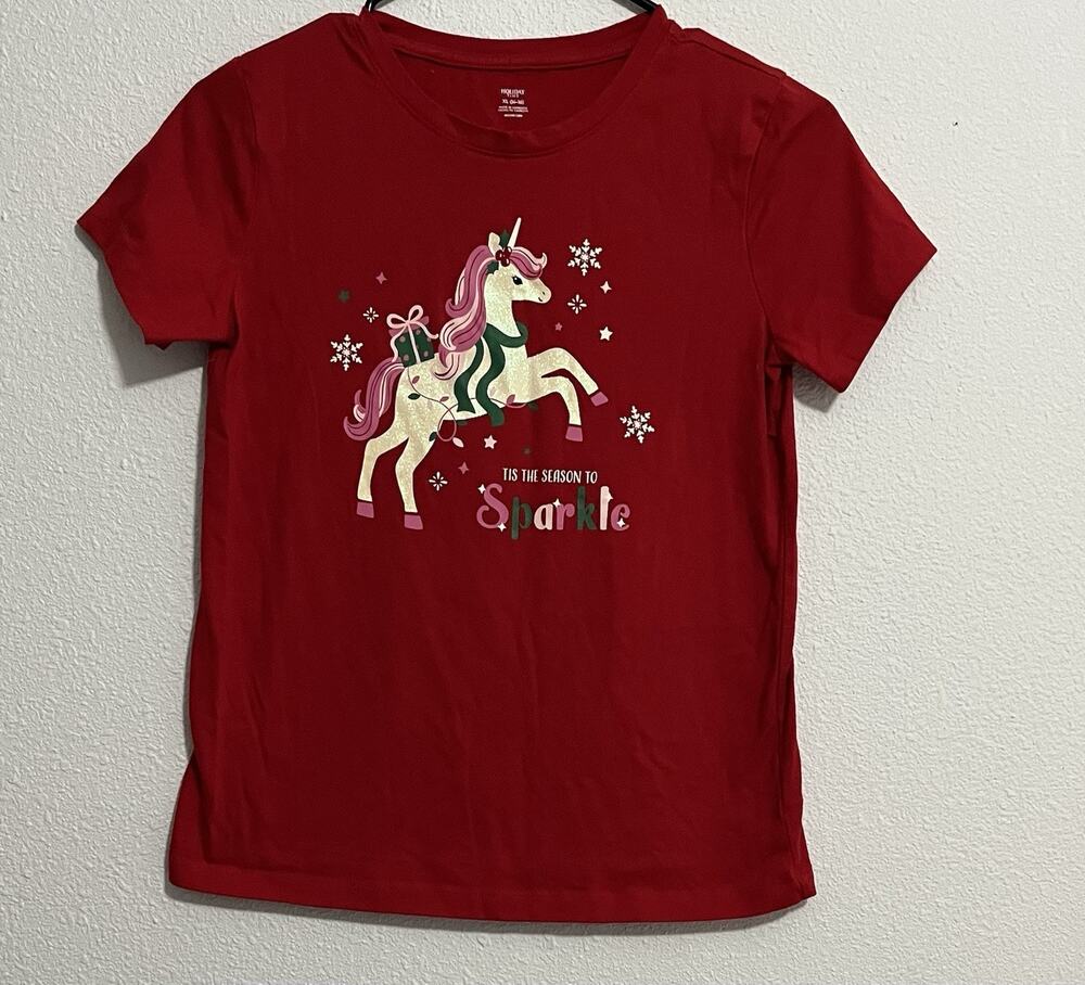 Holiday Time Girls XL (14-16) Red Unicorn Christmas Glitter Graphic Tee